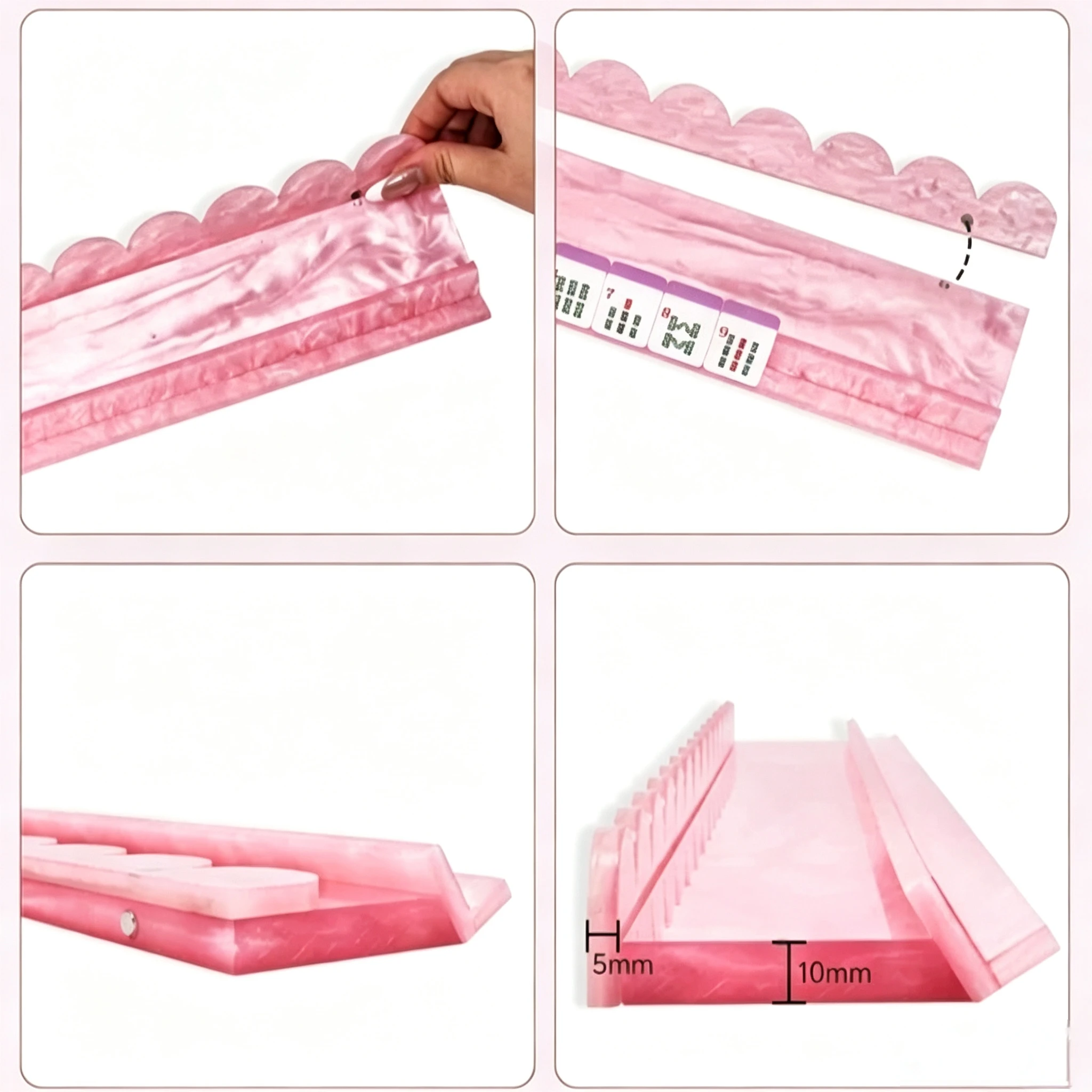 Close-up of pink seashell acrylic Mahjong rack with magnetic pusher and polished finish