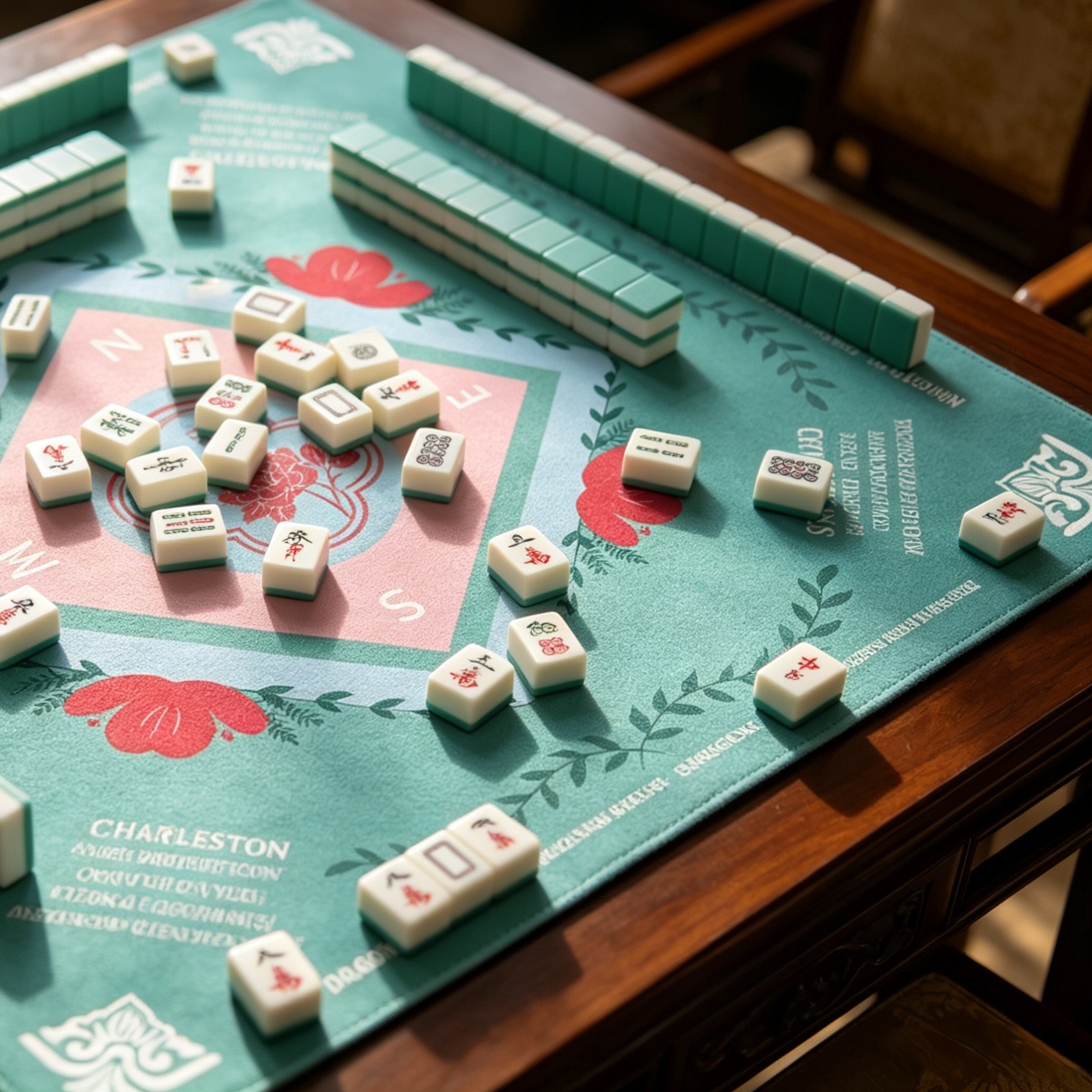 Sage green non-slip Mahjong mat in real game setting with tiles placed on surface
