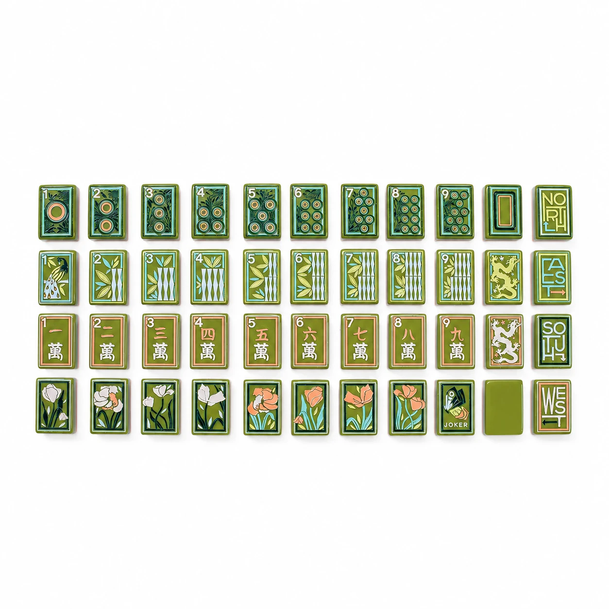 Bamboo Sunset Mahjong Tiles full tile set display on white background showing all patterns