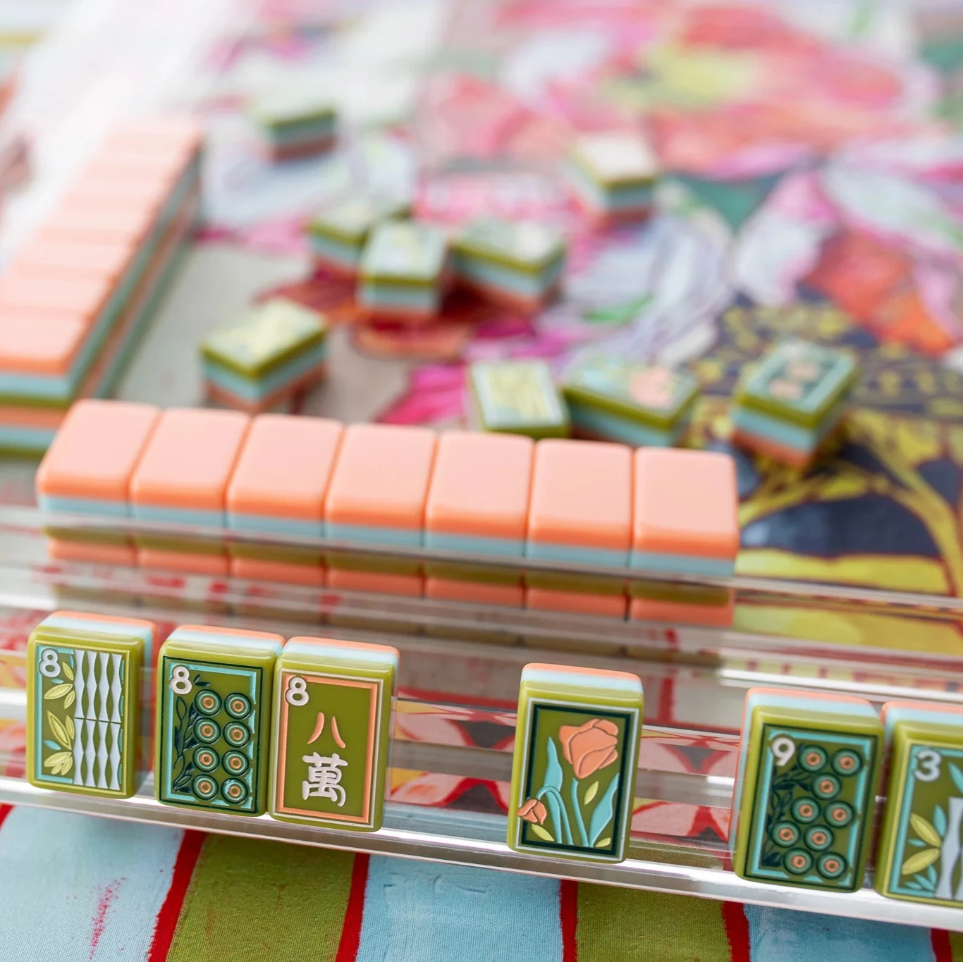 Bamboo Sunset Mahjong tiles arranged on Mahjong rack during gameplay on table scene