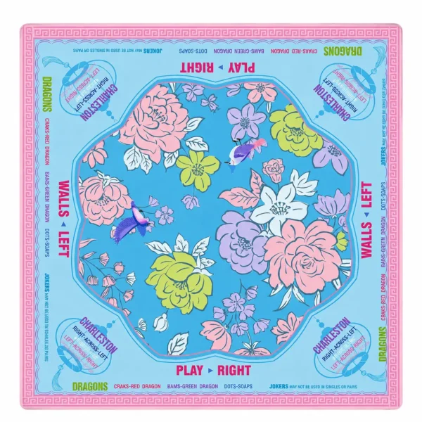 BloomMist floral mahjong mat with rubber backing and blooming flower design