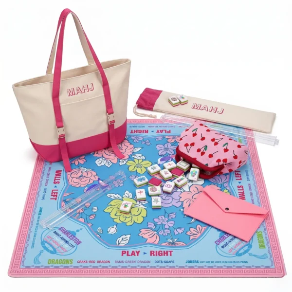 Complete pink American Mahjong starter kit with acrylic tiles pushers playing mat bags racks and 2026 NMJL card