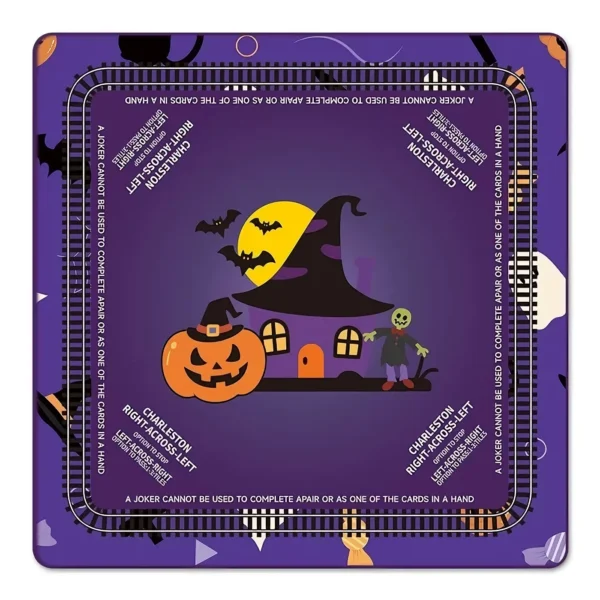Halloween Mahjong Mat in purple with pumpkins, zombie ghosts, haunted house, bats, and fence border
