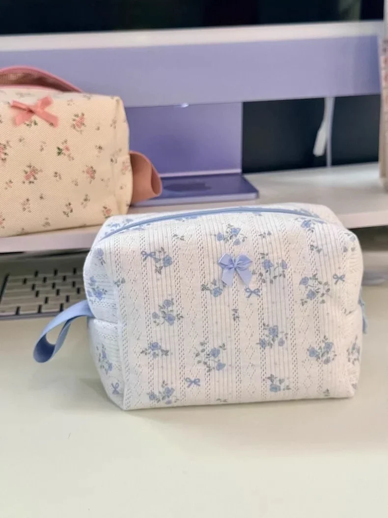 Handmade blue floral cotton mahjong pouch for tile organization