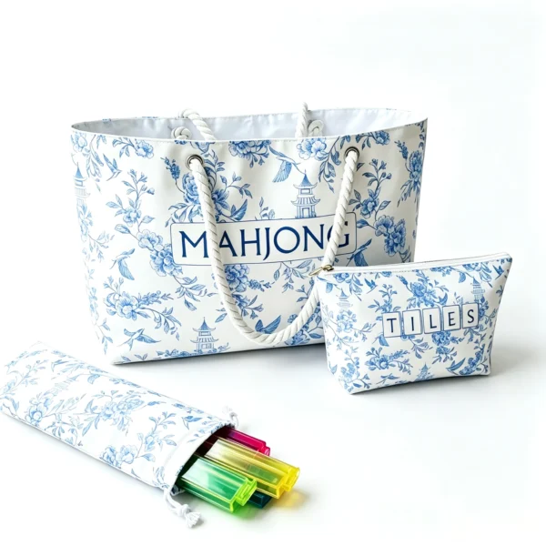 Blue and White Porcelain Mahjong Tote Bag Set with Tile Bag and Rack Sleeve