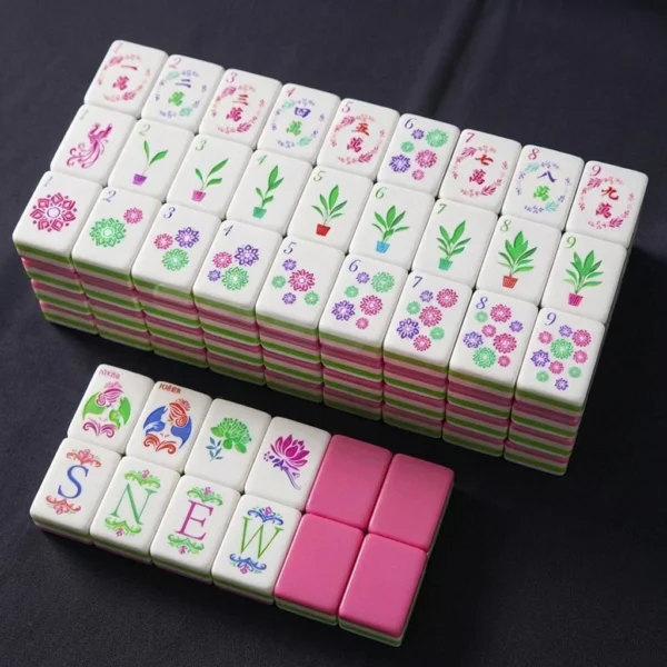 Peacock Pink Mahjong Tiles arranged neatly showing engraved tile faces