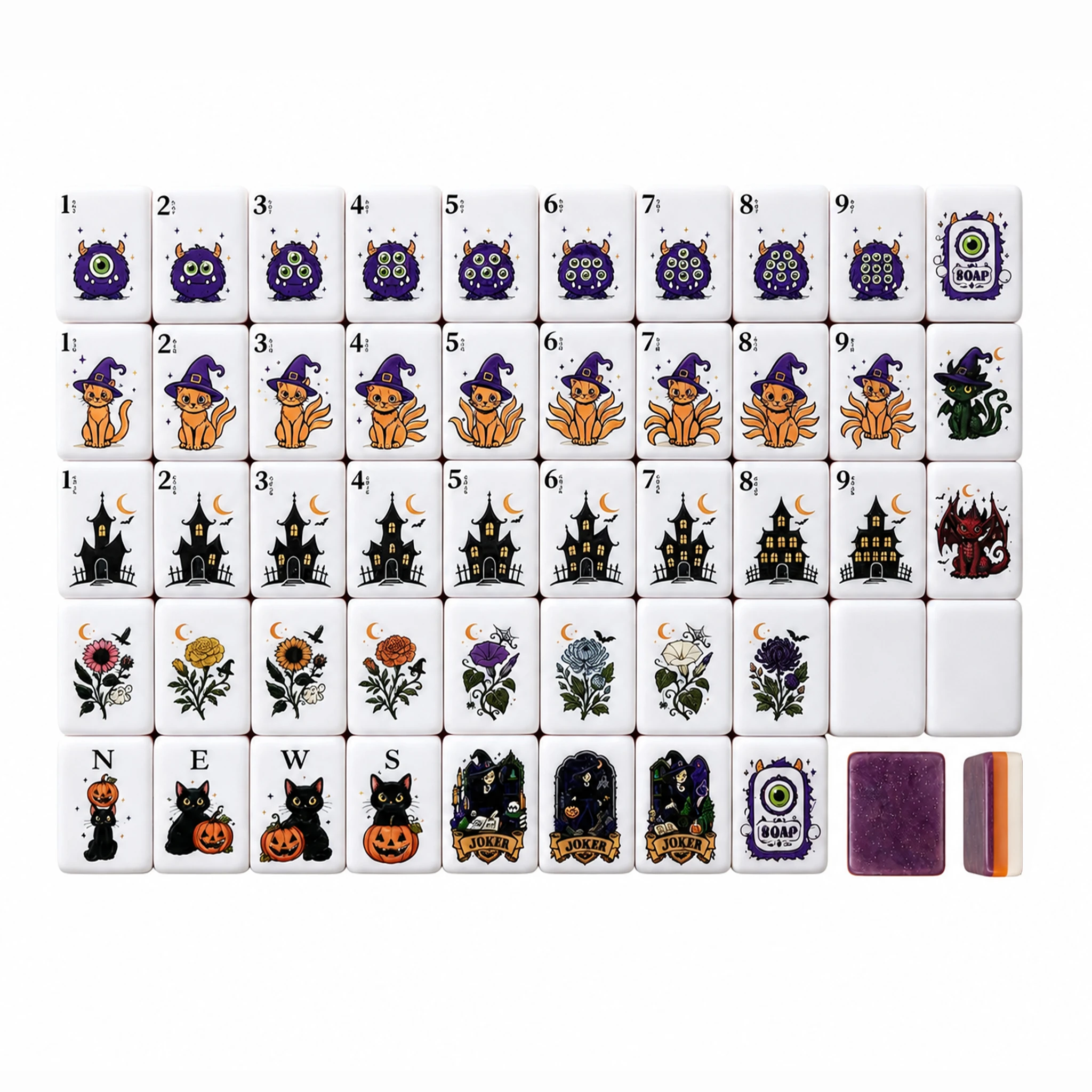 Halloween Mahjong Tiles with whimsical acrylic designs arranged on a white background