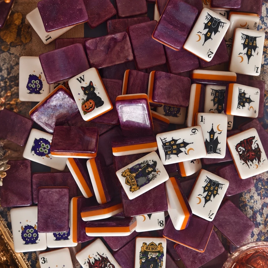 Layered acrylic Halloween Mahjong Tiles shown stacked from multiple angles