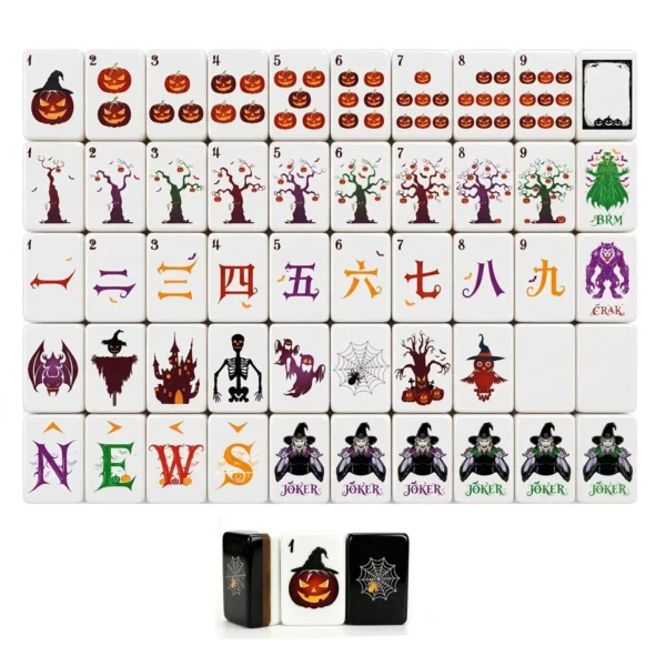 Halloween Mahjong Tiles full set with spooky designs, white fronts, black backs, and layered acrylic edges