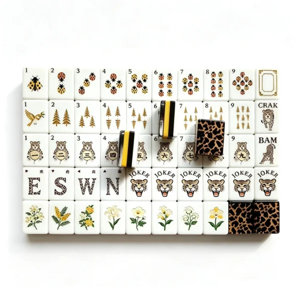 Leopard print glitter Mahjong tiles arranged in rows showing all tile designs