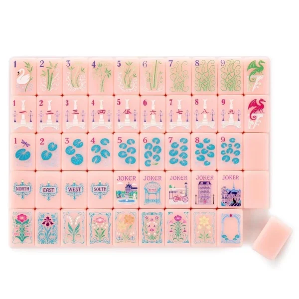 Pink Paris Mahjong tiles showing individual acrylic tile designs with pink backs