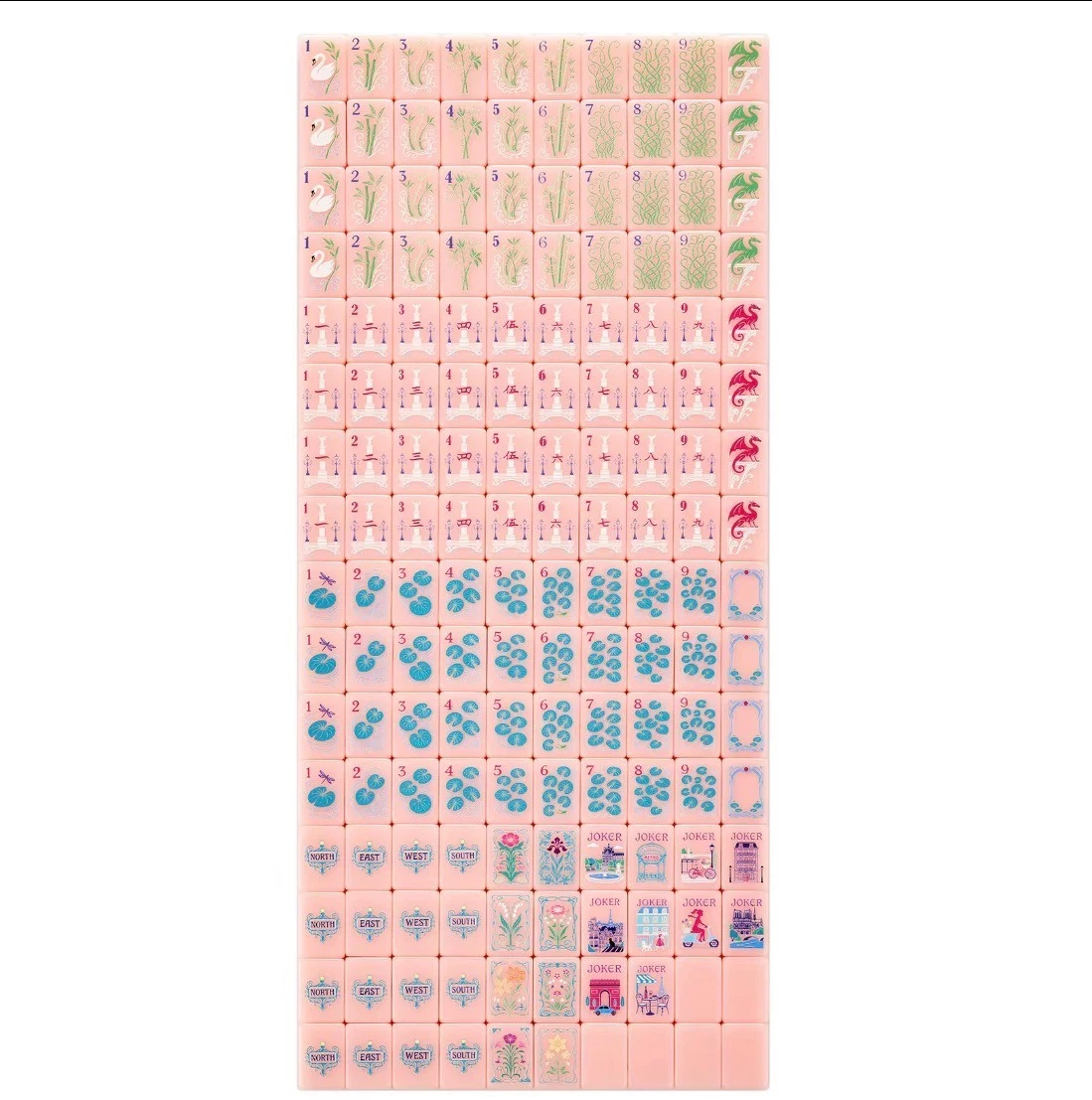 Complete set of 160 Pink Paris Mahjong acrylic tiles displayed face up