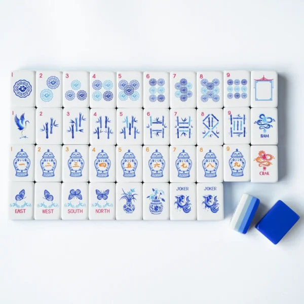 Acrylic Blue white porcelain Mahjong tile showing crane, bamboo and Chinese porcelain patterns