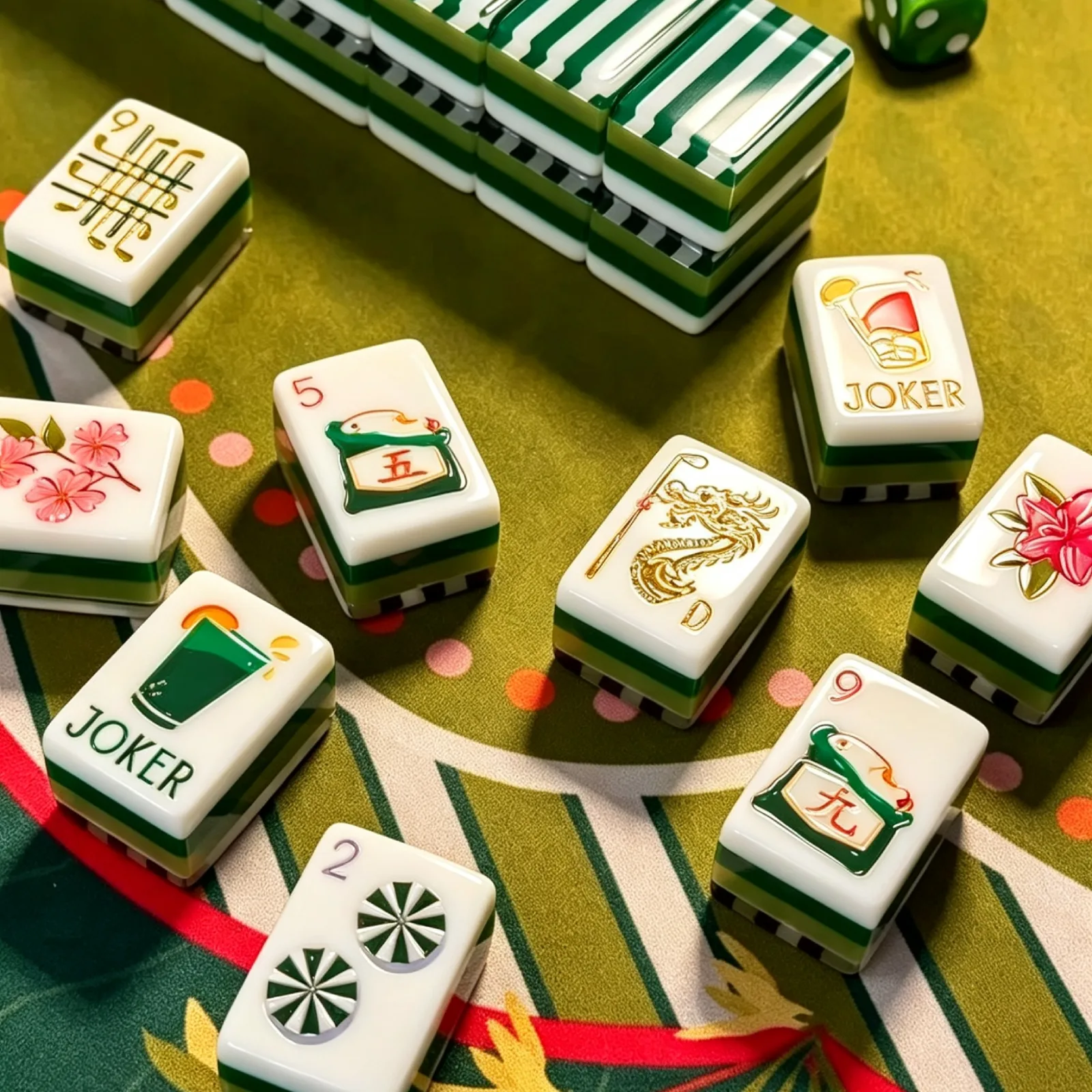 Close up view of Masters Tournament Mahjong Tiles with golf themed acrylic patterns