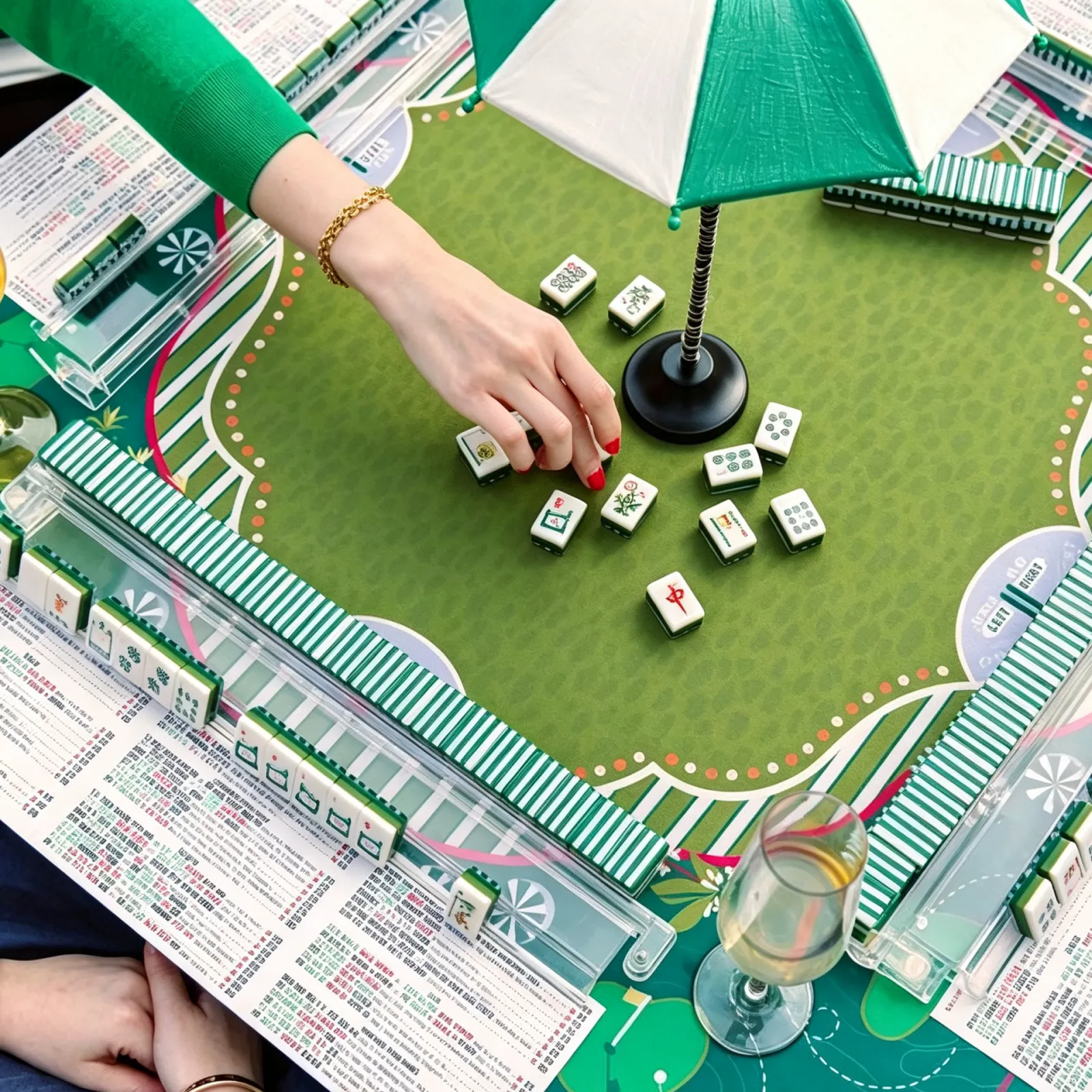 Players enjoying a mahjong game with Masters Tournament golf themed tiles