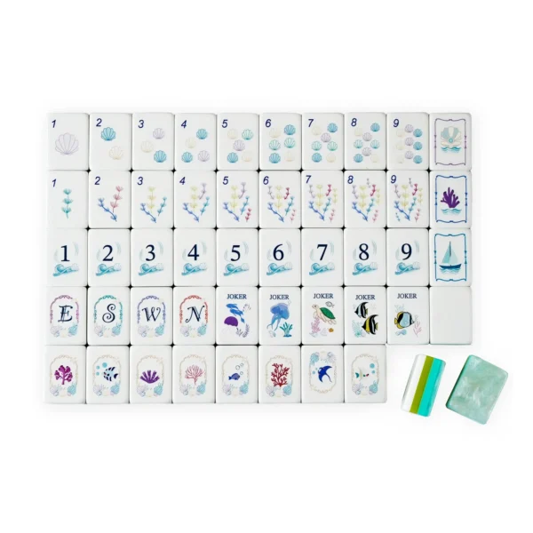 Reef Kiss Mahjong Tiles complete 160-piece acrylic mahjong tile set with ocean-inspired designs