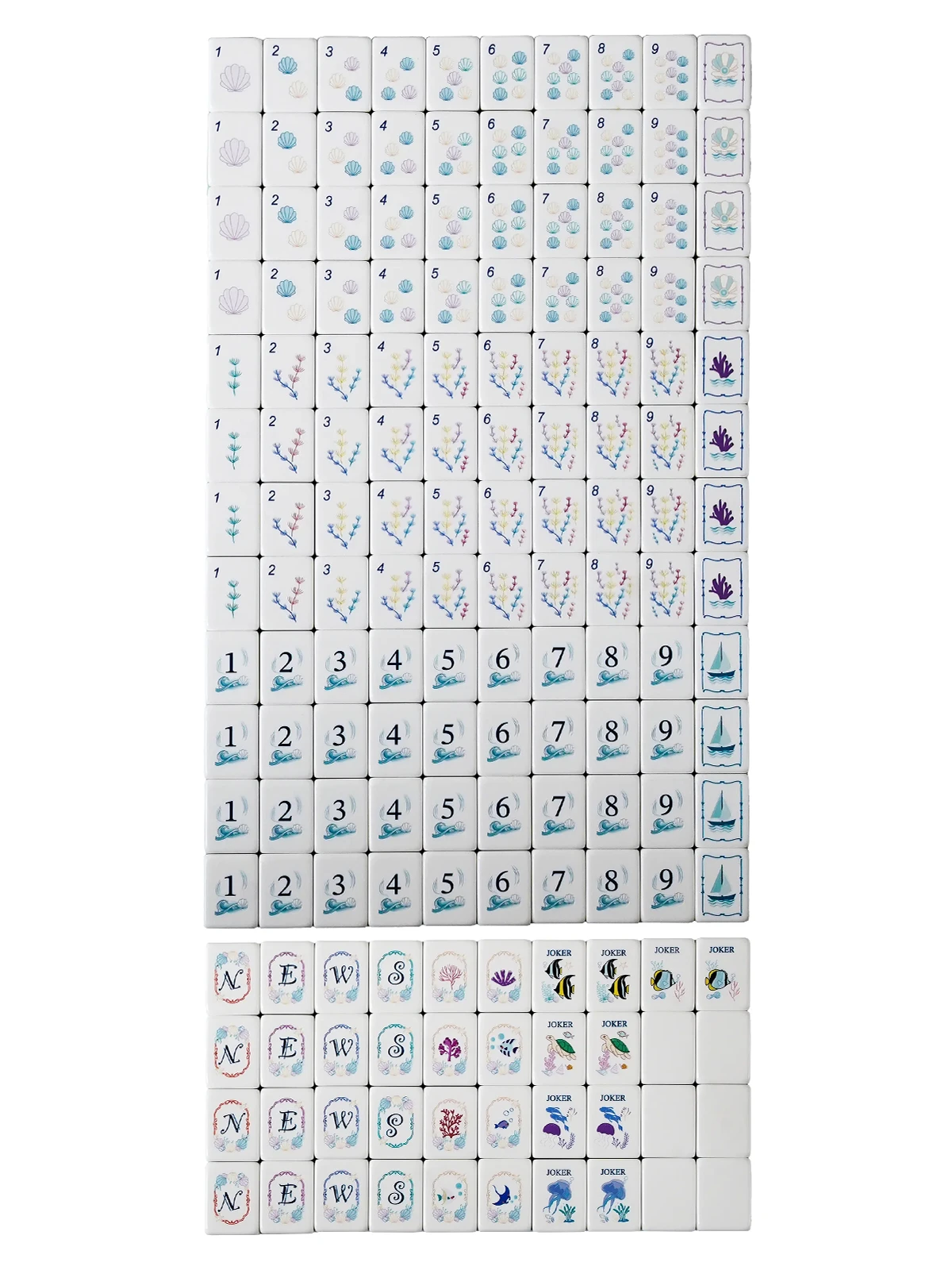 Front view of all Reef Kiss Mahjong Tiles showing coral, shell, wave and marine-themed artwork