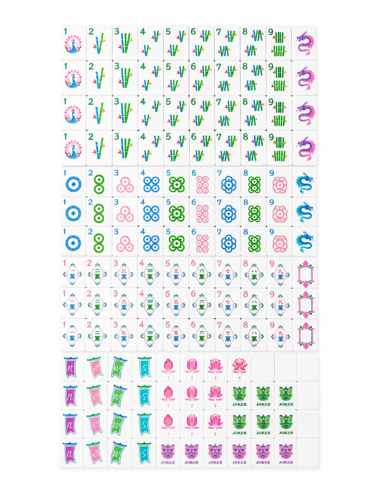 Complete 160-piece Purple Sanctuary American Mahjong Tiles set with all suits and jokers