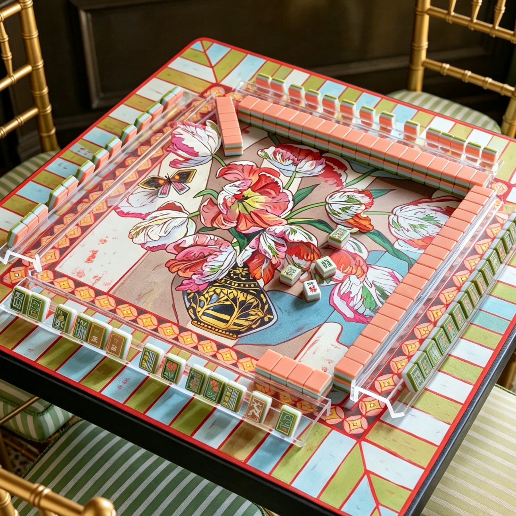 Players using a hand-painted Mahjong mat during a Mahjong game